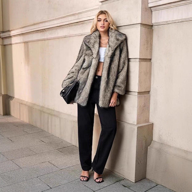 Women Short Faux-Fur Coat with Wide Shawl Collar, Open Front and Pockets Mune Fashion