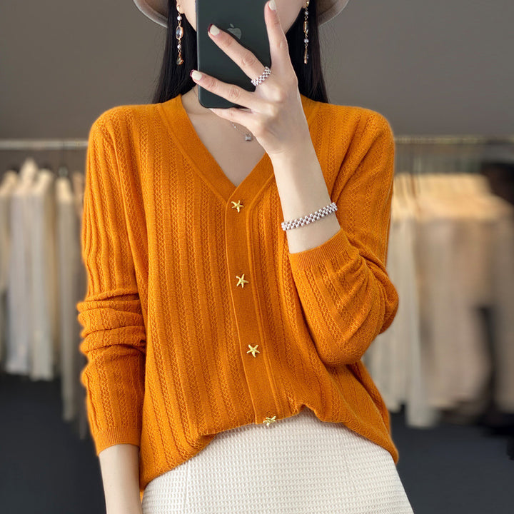 Women Lightweight V-Neck Cardigan with Textured Vertical Stripes and Star Buttons Mune Fashion