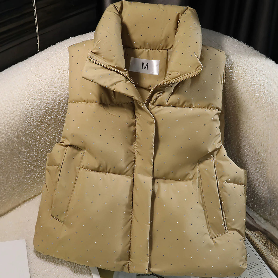 Women's Padded Quilted Vest with High Collar and Discreet Rhinestone Applications Mune Fashion