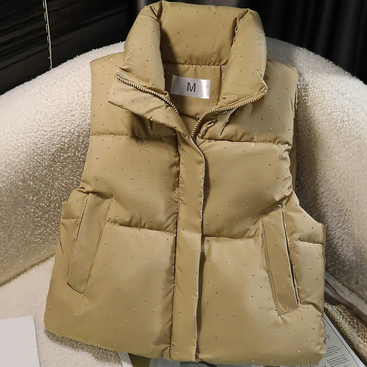 Women's Padded Quilted Vest with High Collar and Discreet Rhinestone Applications Mune Fashion