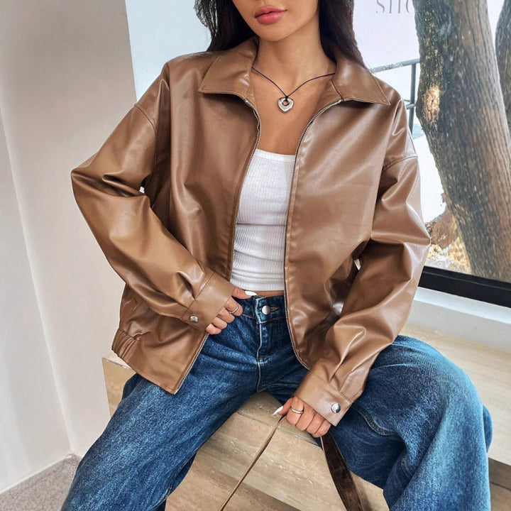 Women Oversized Faux Leather Blouson with Zipper and Shirt Collar Mune Fashion