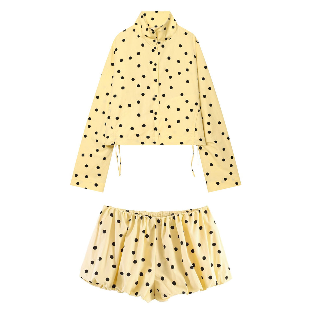 Women's Polka Dot Cropped Utility Jacket with Stand Collar and Drawstring Mune Fashion