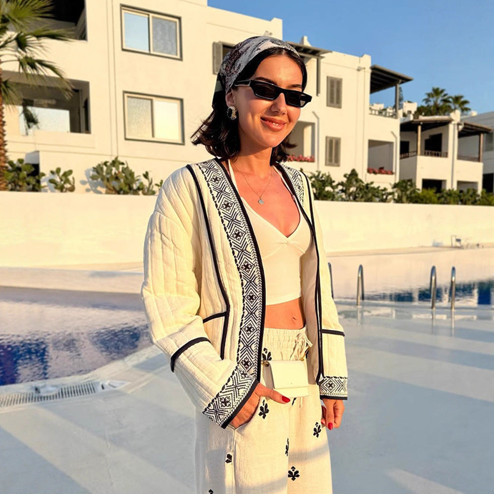 Women Quilted Kimono Cardigan with Geometric Embroidery Mune Fashion
