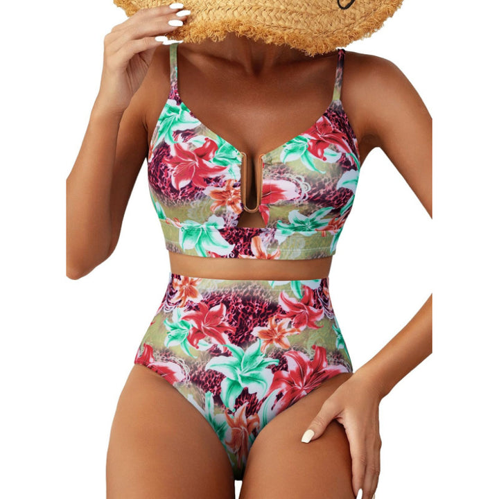 Women High-Cut Bikini with Floral Pattern and Leopard Print Mune Fashion