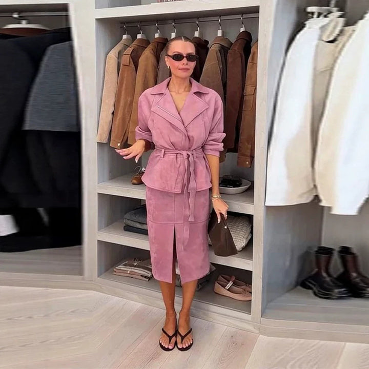 Women Two-Piece Velour Set with Fitted Wrap Blazer and Midi Skirt with Front Slit Mune Fashion