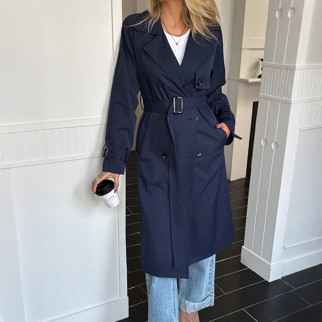 Women's classic trench coat with double row, waist belt, adjustable cuffs, and straight button placket Mune Fashion