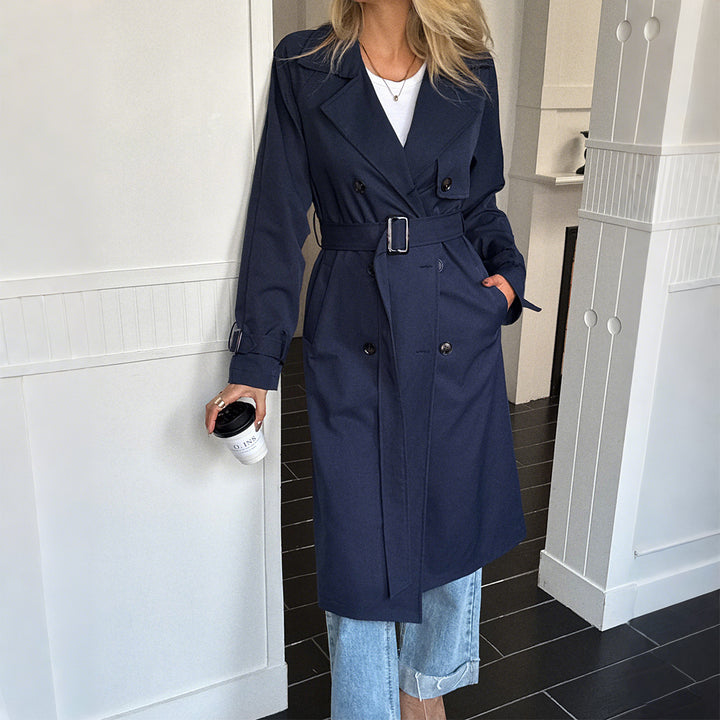 Women's classic trench coat with double row, waist belt, adjustable cuffs, and straight button placket Mune Fashion