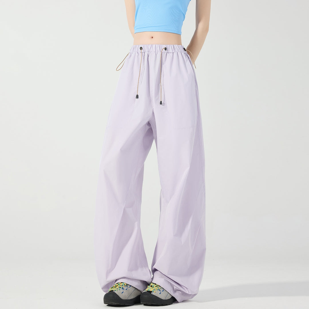 Women's Wide Nylon Baggy Pants with Elastic Drawstring Waistband & Utility Pockets Mune Fashion