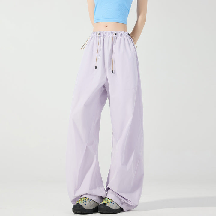 Women's Wide Nylon Baggy Pants with Elastic Drawstring Waistband & Utility Pockets Mune Fashion