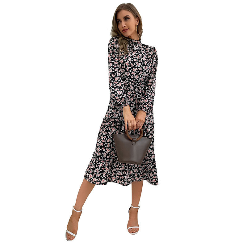 Women Elegant Long Sleeve Dress with Floral Pattern and Ruffle Details Mune Fashion