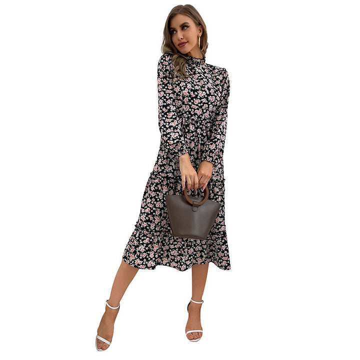Women Elegant Long Sleeve Dress with Floral Pattern and Ruffle Details Mune Fashion