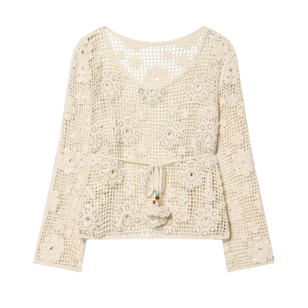 Women's crochet blouse with floral crochet design, V-neck and drawstring Mune Fashion