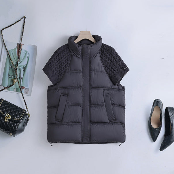 Women's short padded quilted vest with short-sleeved cable knit shoulder section and high-closing stand-up collar Mune Fashion