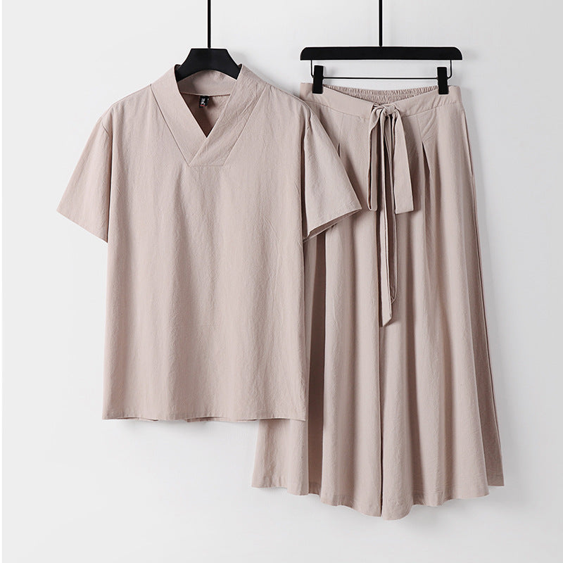 Women's Lightweight Loungewear Set with V-Neck Shirt and Flowing Midi Skirt with Drawstring Mune Fashion