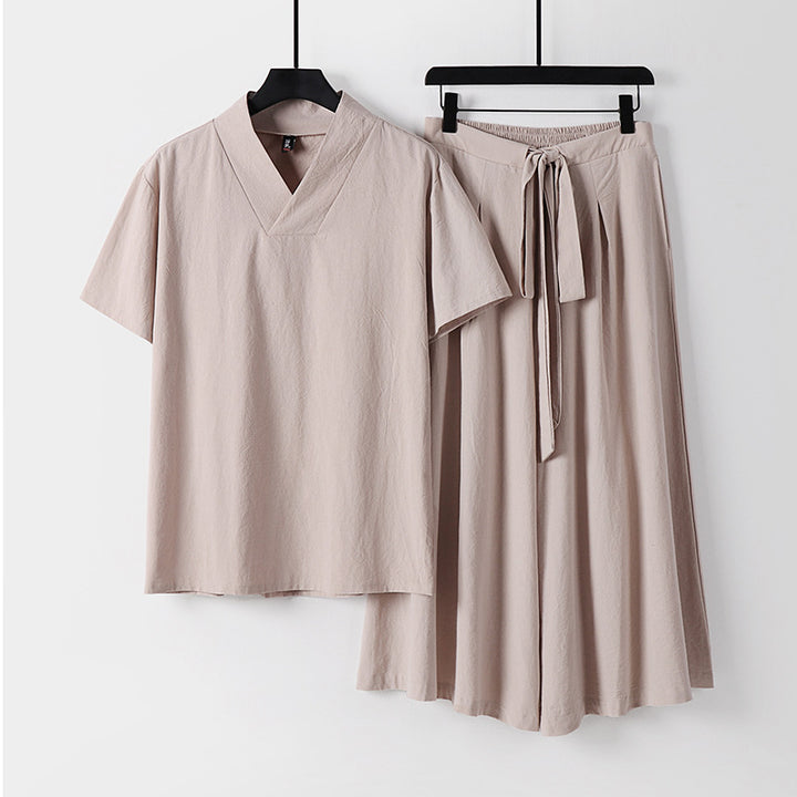 Women's Lightweight Loungewear Set with V-Neck Shirt and Flowing Midi Skirt with Drawstring Mune Fashion