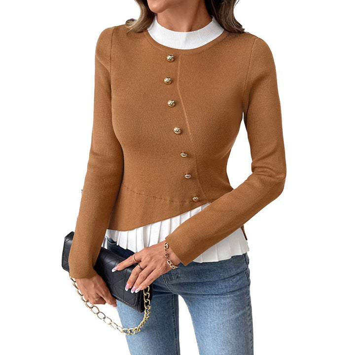 Women's Fitted Knit Sweater with Asymmetrical Button Placket and Pleated Layer Mune Fashion