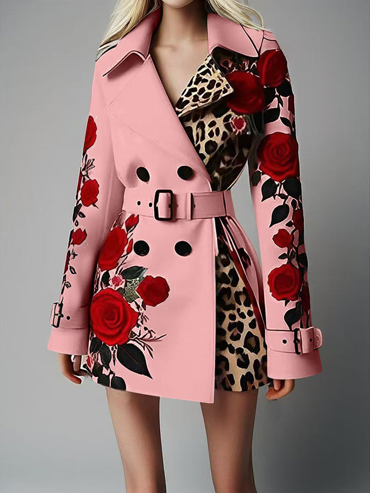 Women Tailored Trench Coat with Rose Print and Leopard Lining Mune Fashion
