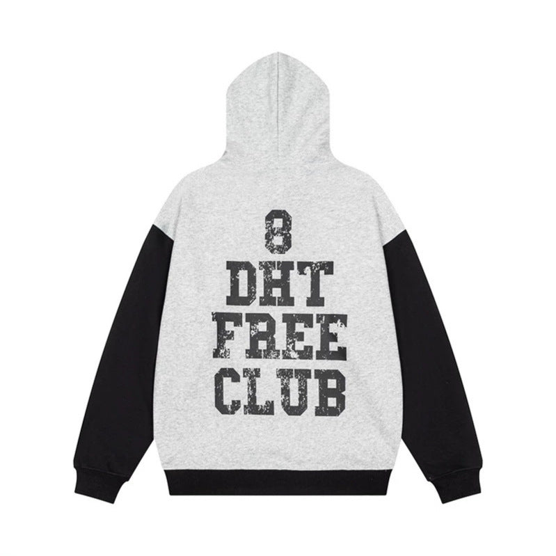 Women's College Style Hoodie Sweatshirt with Contrast Sleeves, Kangaroo Pocket and Vintage Print Mune Fashion