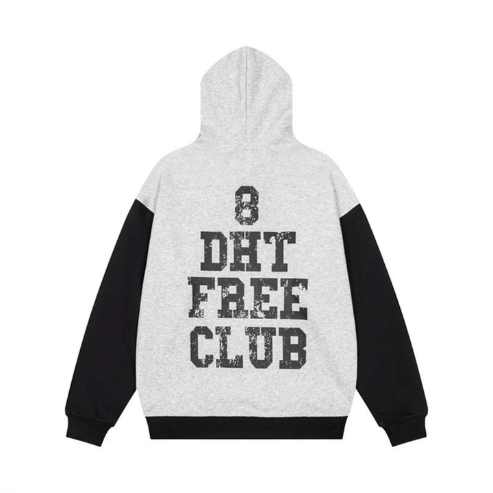 Women's College Style Hoodie Sweatshirt with Contrast Sleeves, Kangaroo Pocket and Vintage Print Mune Fashion
