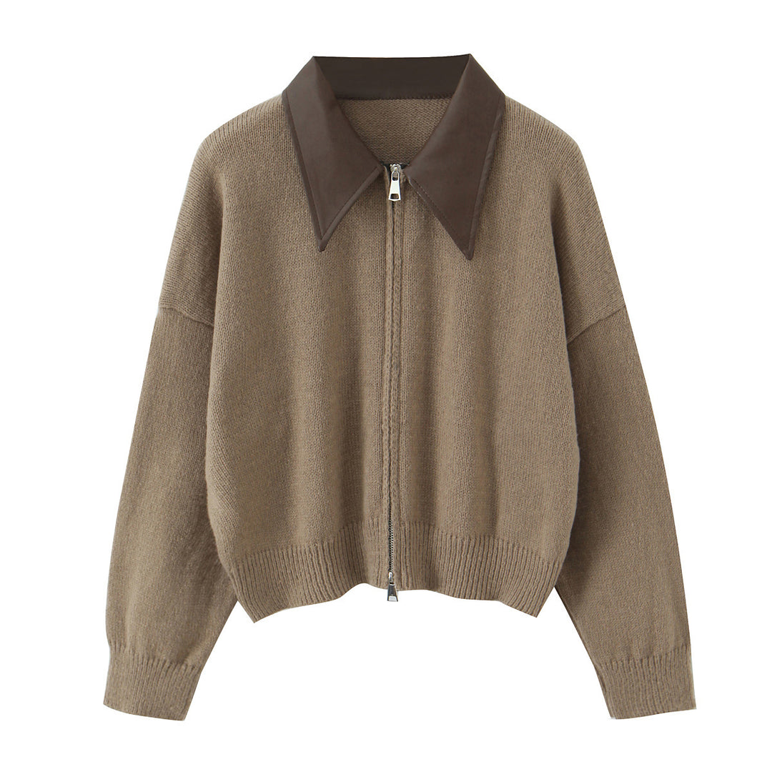 Women's 10+ Oversized Cardigan with Two-Way Zipper and Pointed Contrast Collar Mune Fashion