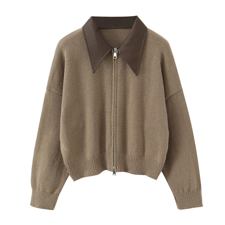 Women's 10+ Oversized Cardigan with Two-Way Zipper and Pointed Contrast Collar Mune Fashion