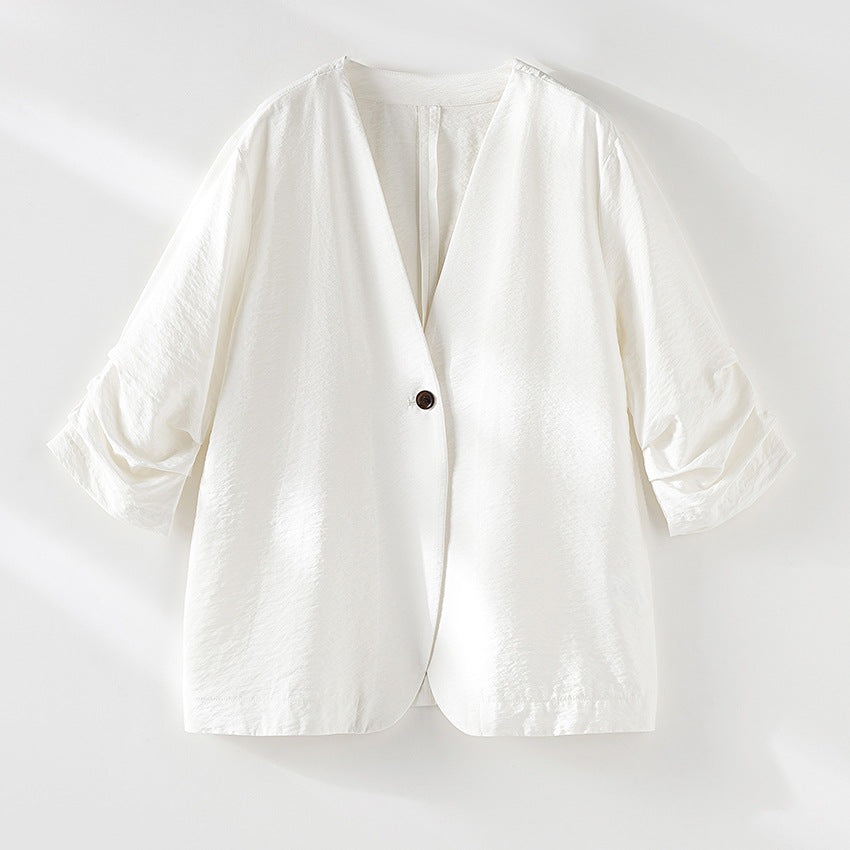 Women Lightweight Oversized Blazer with Deep V-Neck and Ruffled Sleeves Mune Fashion
