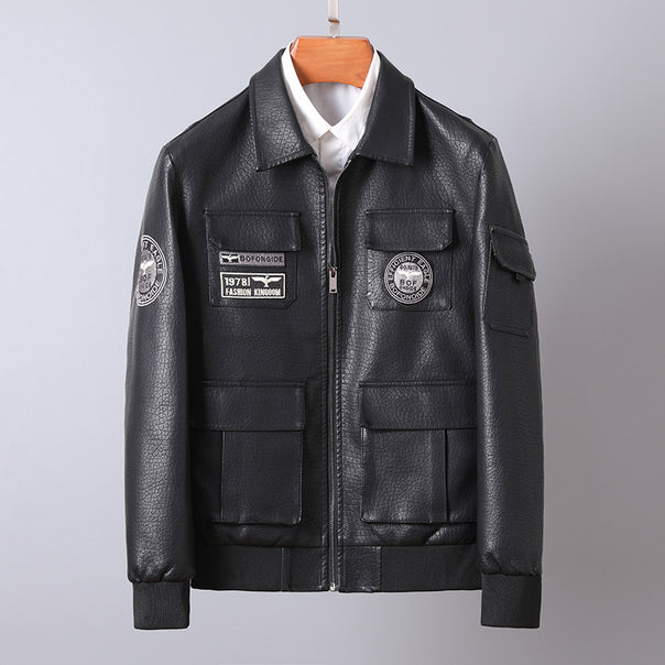 Men's faux leather field bomber jacket in pilot style with patch appliqués and front flap pockets Mune Fashion