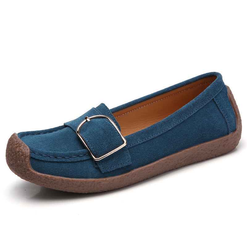 Women's moccasin slippers made of suede leather with decorative metal buckle, padded footbed, and non-slip rubber outsole Mune Fashion