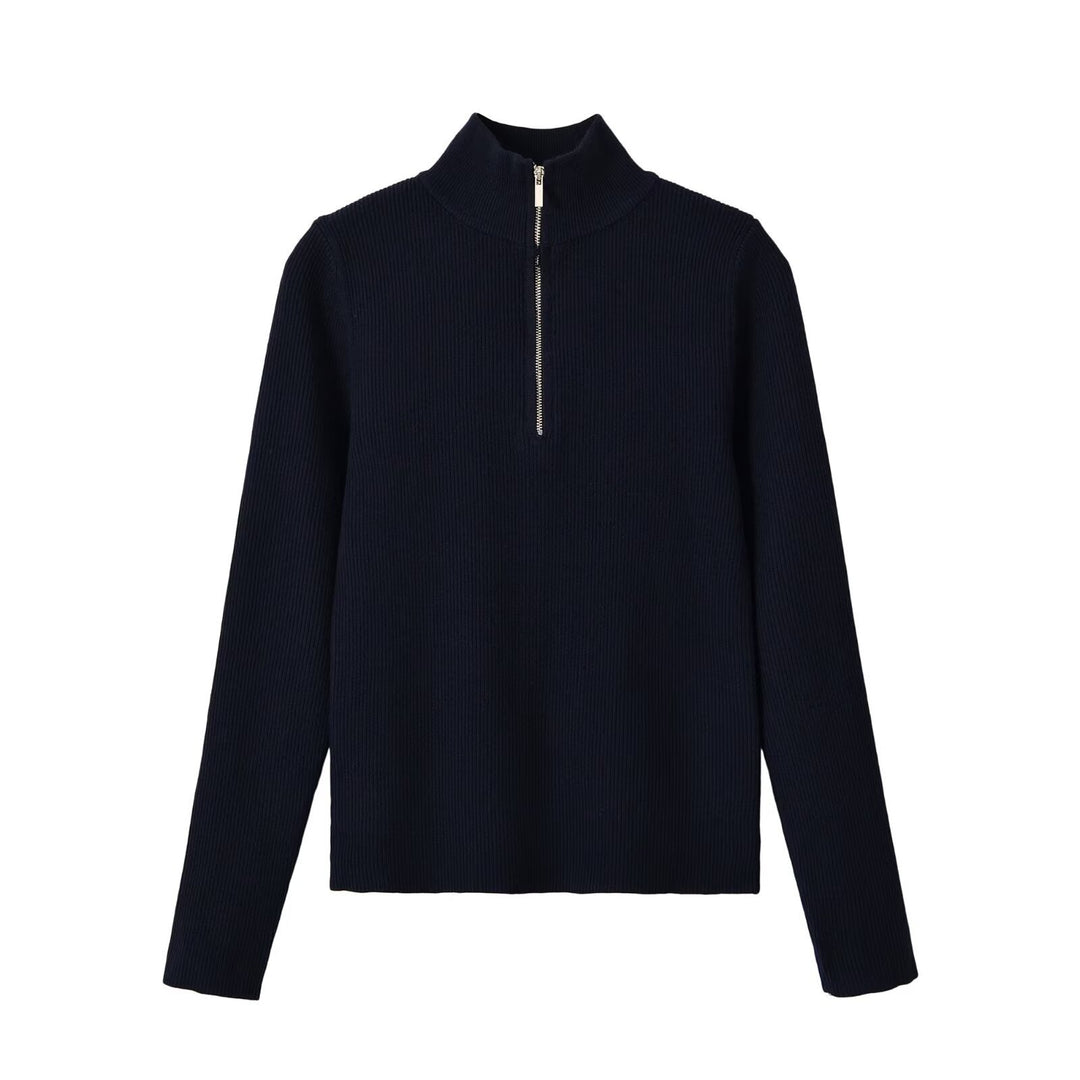 Women's Ribbed Half-Zip Knit Sweater with Stand Collar Mune Fashion