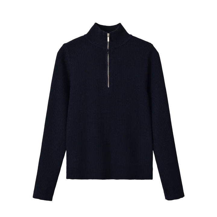 Women's Ribbed Half-Zip Knit Sweater with Stand Collar Mune Fashion