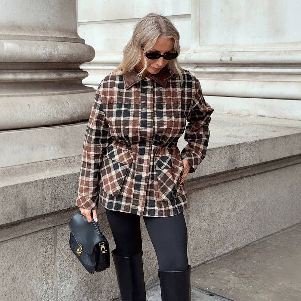 Women Checked Shacket with Waist Drawstring, Flap Pockets & Leather-Look Collar Mune Fashion