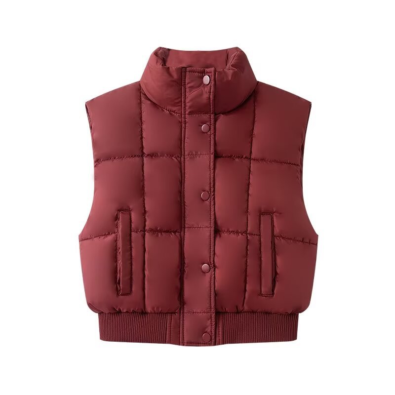 Women Quilted Cropped Puffer Vest with Stand Collar and Ribbed Hem Mune Fashion