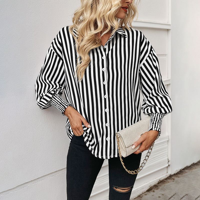Women Oversized Shirt Blouse with Vertical Stripes, Classic Collar and Gathered Cuffs Mune Fashion
