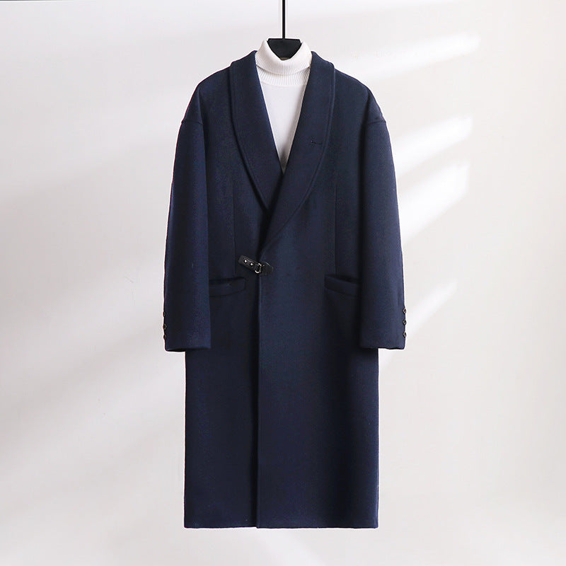 Men's Floor-Length Wool Blend Coat with Wide Shawl Collar and Decorative Toggle Closure Mune Fashion