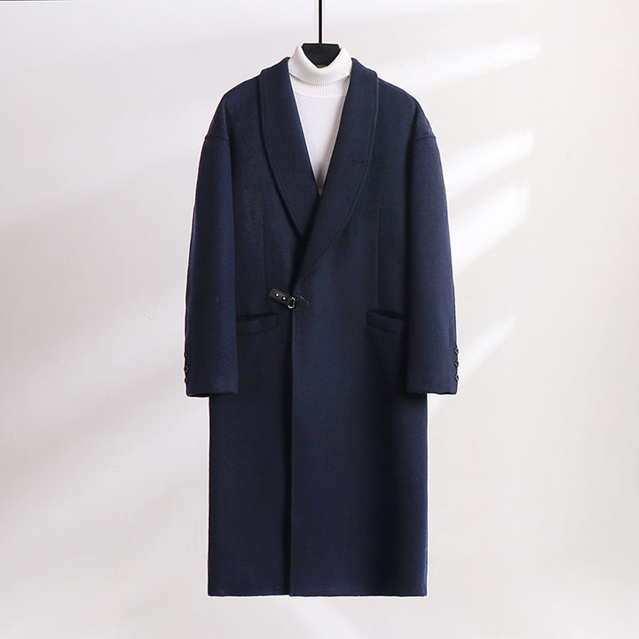 Men's Floor-Length Wool Blend Coat with Wide Shawl Collar and Decorative Toggle Closure Mune Fashion