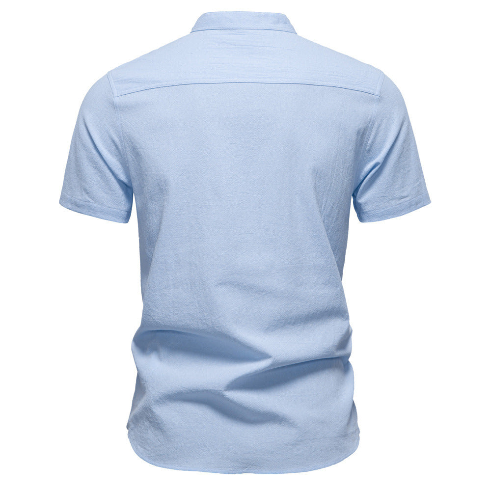 Men's casual short-sleeve shirt with stand-up collar, half button placket, and lightly textured cotton-linen quality Mune Fashion
