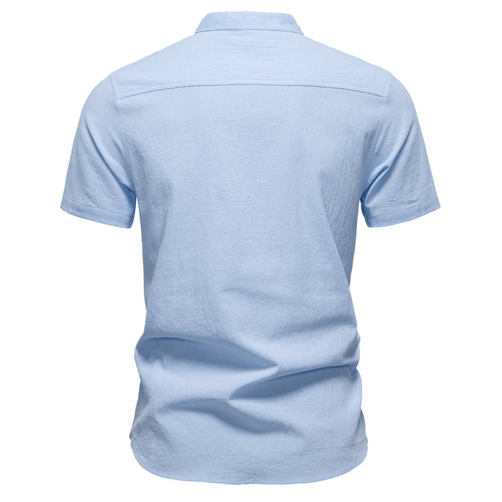 Men's casual short-sleeve shirt with stand-up collar, half button placket, and lightly textured cotton-linen quality Mune Fashion