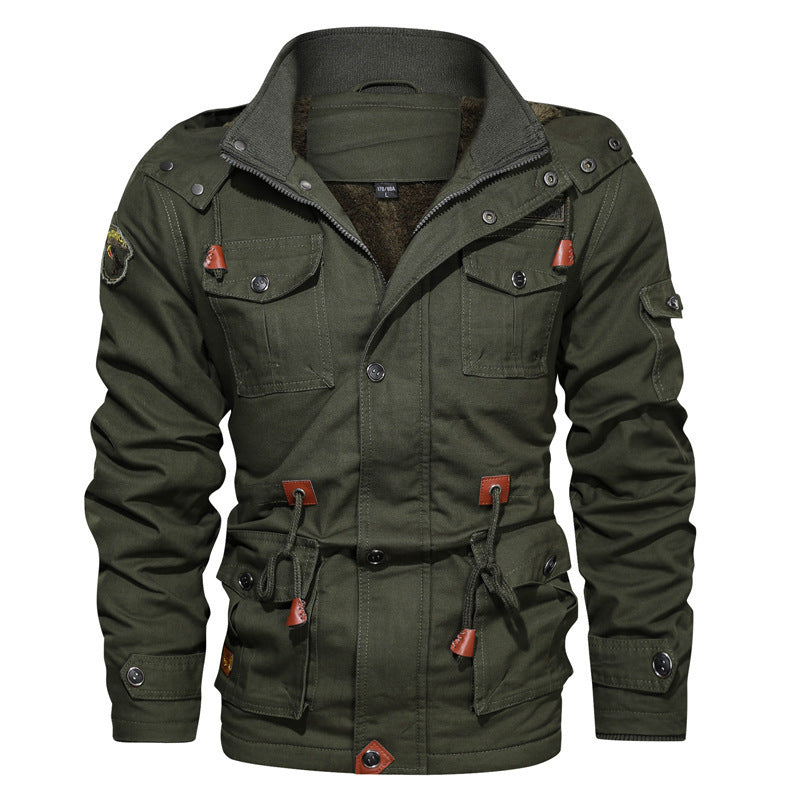 Men's canvas parka in military utility style with teddy fleece lining, drawstring waist, and multifunctional pockets Mune Fashion
