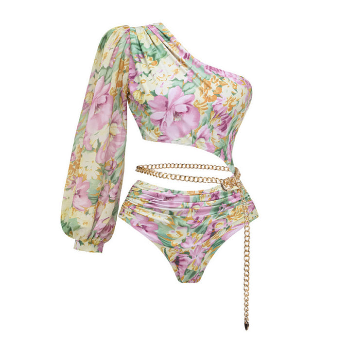 Women's Asymmetric Swimsuit with Floral Patterns and Glamorous Chain Mune Fashion