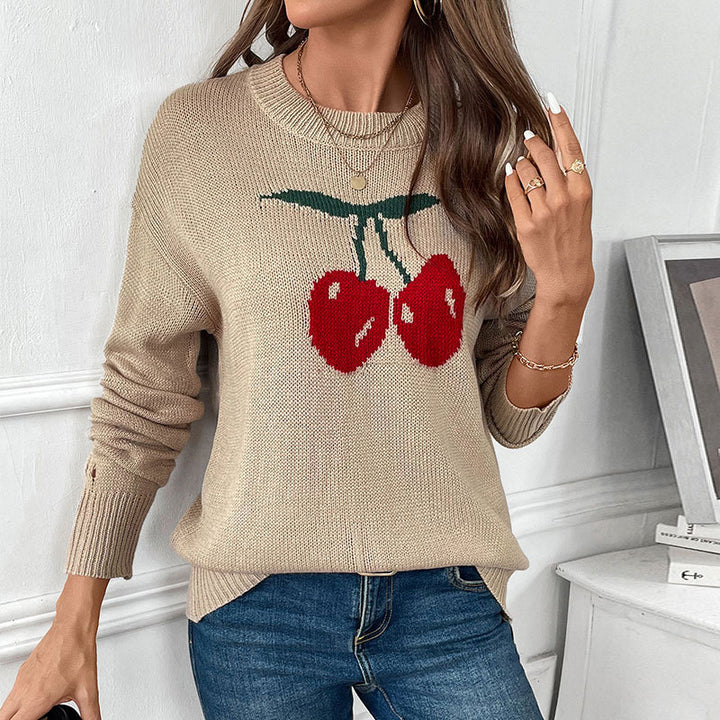 Women’s knitted sweater with cherry intarsia, round neck and casual oversized fit Mune Fashion
