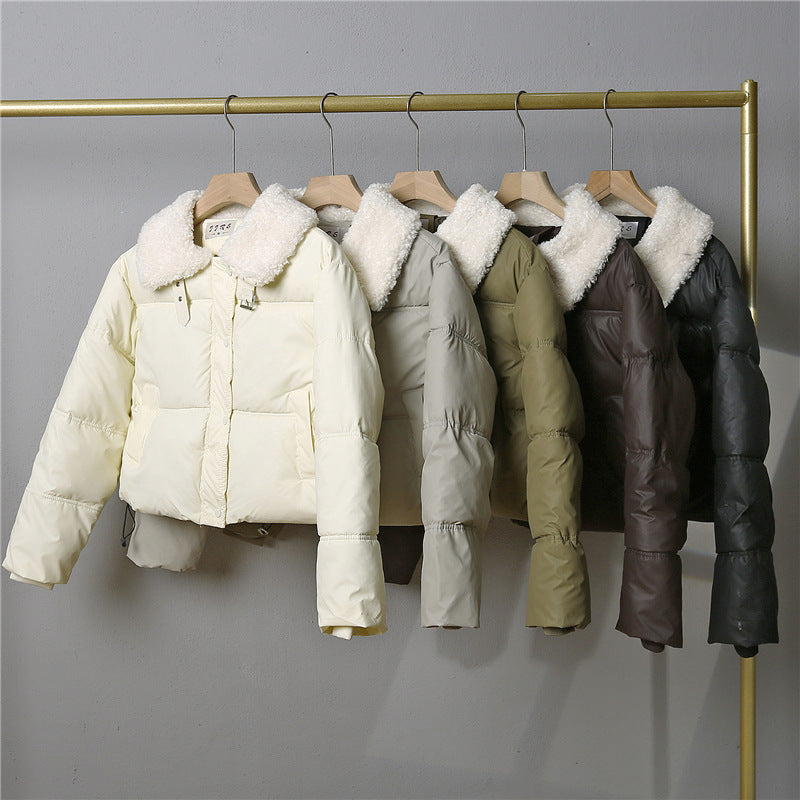 Women's short quilted winter jacket with wide teddy collar and drawstring Mune Fashion