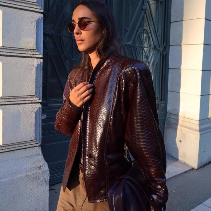 Women's Shiny Snake Pattern Leather Bomber Jacket Mune Fashion