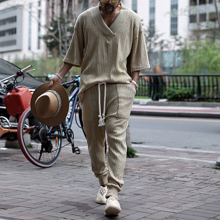 Men's Coarse Knit Lounge Set with Deep V-Neck and Drawstring Joggers Mune Fashion
