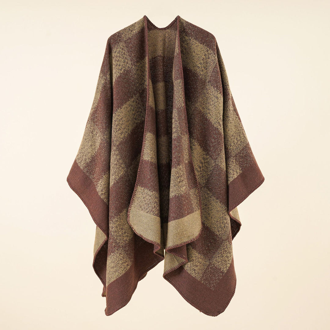 Women Versatile Wool Blend Wrap in Boxy Kimono Cut with Large Plaid Jacquard Detail