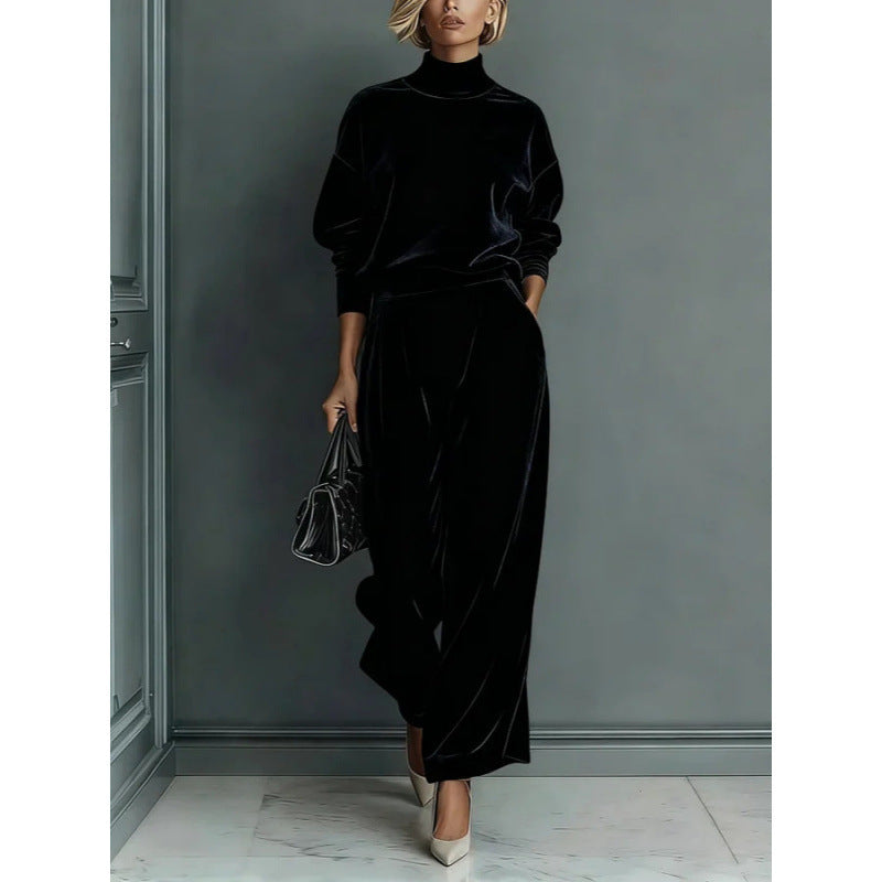 Women's Two-Piece Velvet Loungewear Set with Stand Collar and Pleated Palazzo Pants Mune Fashion