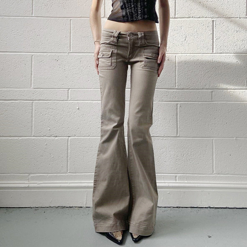 Women High-Waist Cargo-Flare Pants with Wide Leg and Patch Pockets Mune Fashion