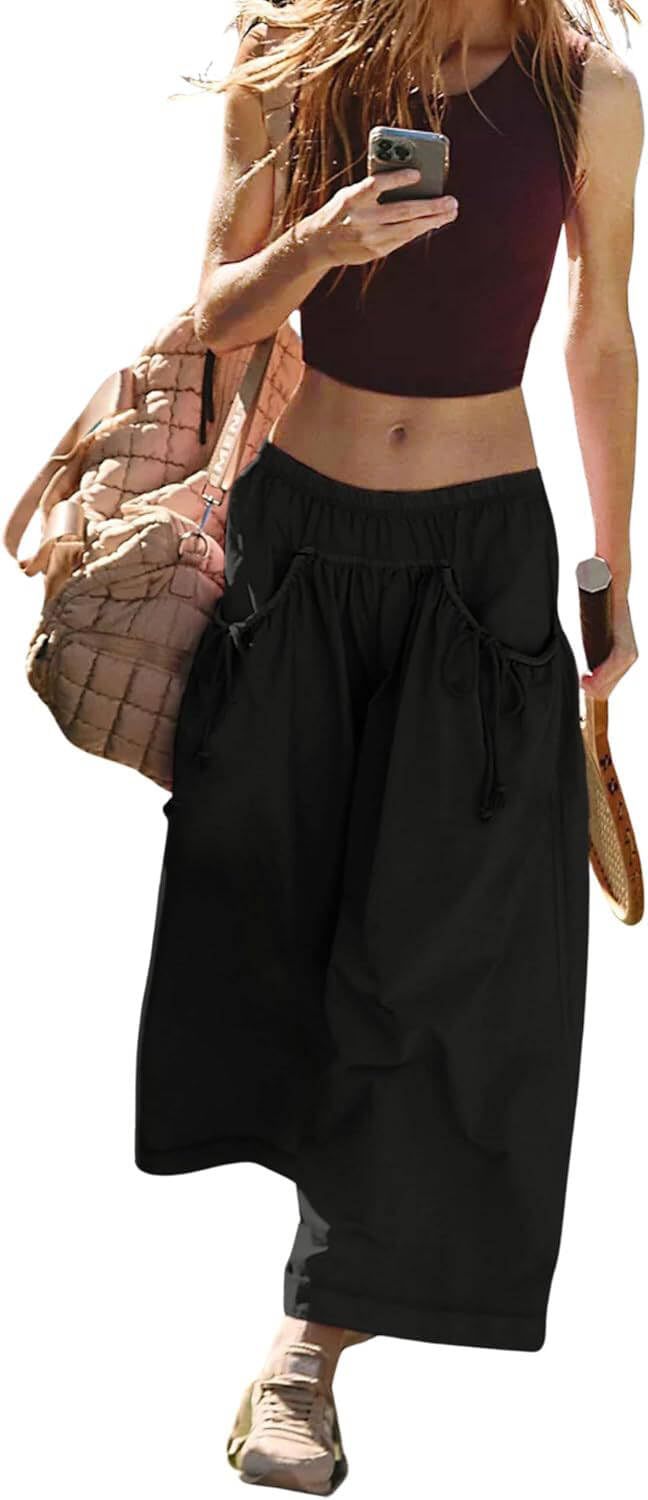 Women's Wide Culotte Pants with Drawstring and Generous Pockets Mune Fashion