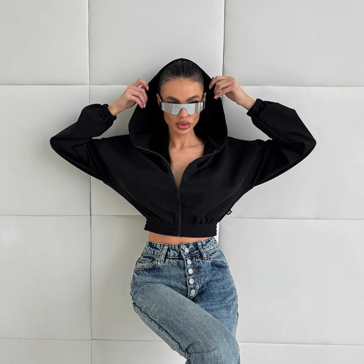 Women Short Zip-Up Hoodie with Elastic Hem and Casual Fit Mune Fashion