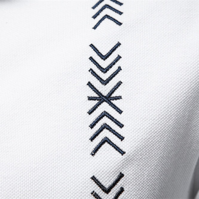 Men's nan casual polo with short button placket, embroidered arrow motif panel, and stand-up collar Mune Fashion