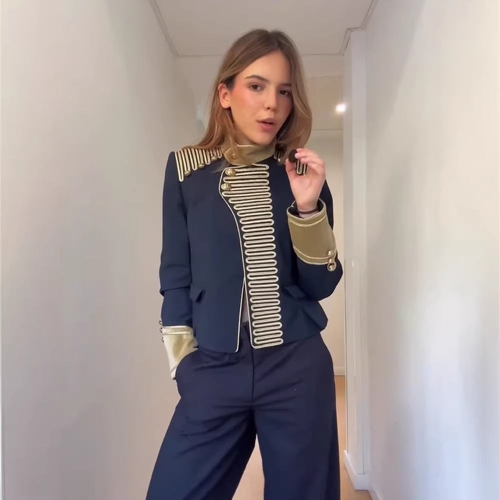 Women’s military-inspired short jacket with gold cord trim and stand-up collar Mune Fashion